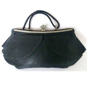 Vintage Talon Black Satin Evening Purse with Silver Claps with Stones.
